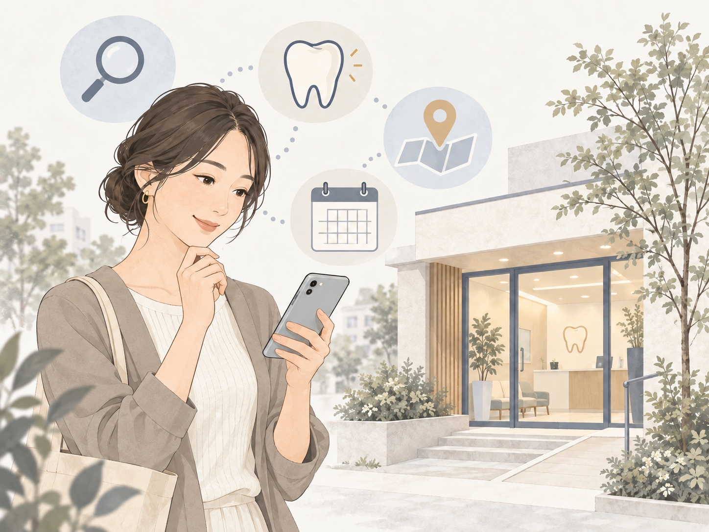 スマートフォンで歯科医院の情報を探す来院前の女性